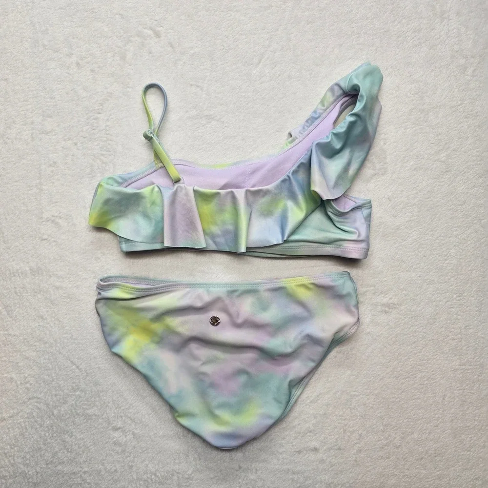 Justice Bikini Set Tie Dye Ruffle One Shoulder‎ Pastel Girls L 12/14